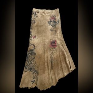RARE VINTAGE Y2K Roberto Cavalli Suede Tattoo Print Maxi Skirt NEW WITH TAGS